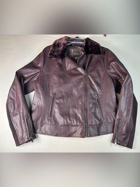 Lane Bryant Plum Leather Full Zip Jacket Coat Faux Fur Removable Collar 14